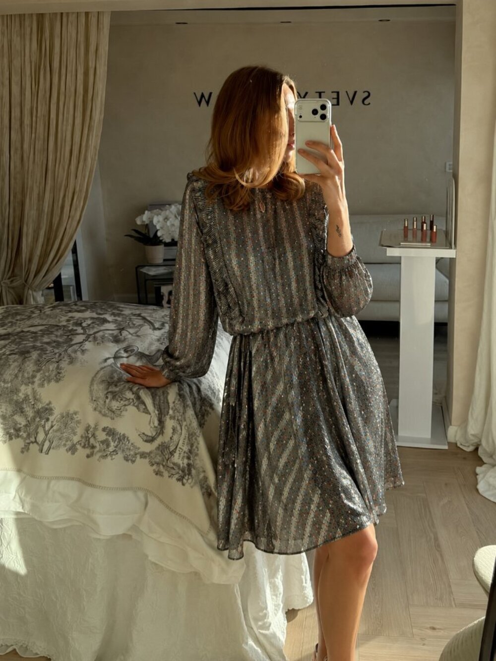 Vintage Louvre Midi Dress Size Small Green Striped Lantern Sleeve Formal (s)
